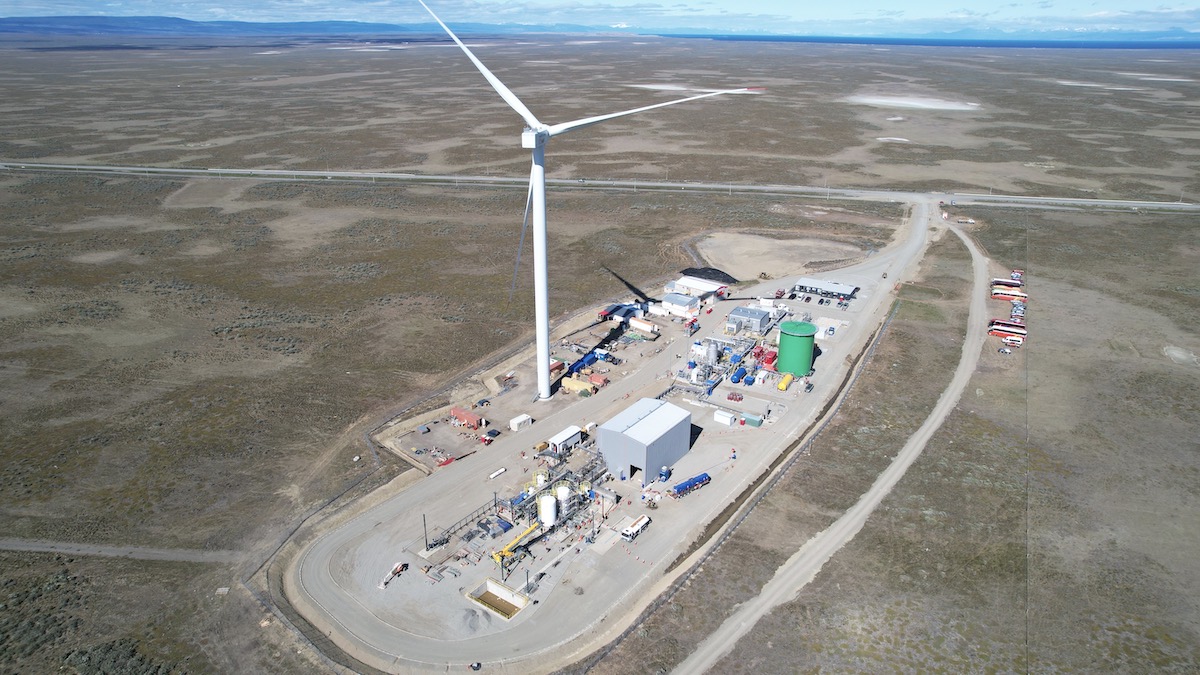 The Hora One pilot plant in Puenta Arenas, Chile, is powered by wind turbines.