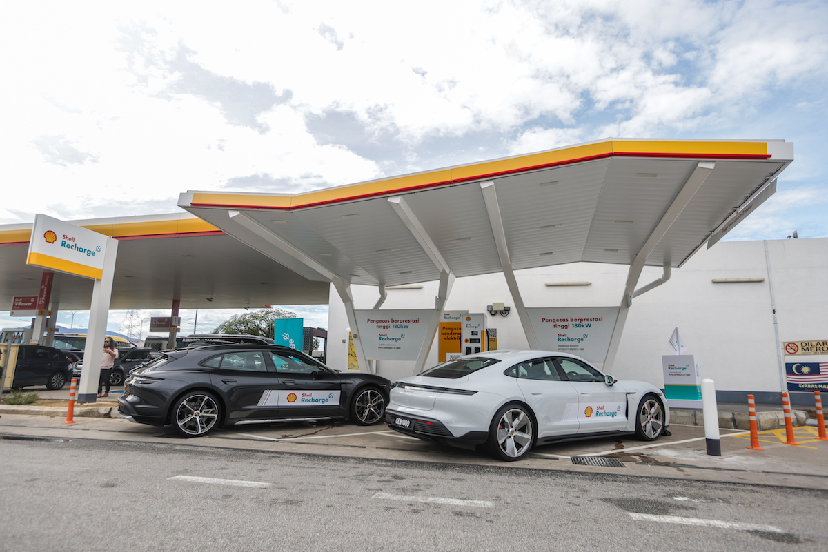 Porsche Taycan recharging at a Shell Recharge High Performance Charging Station